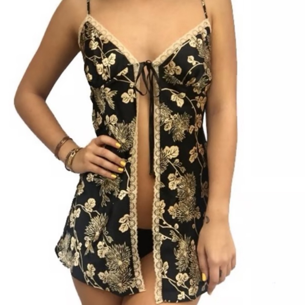 Vintage Y2K  Babydoll Tie-Front Slip Lingerie Sexy glam preppy black & gold Nice
